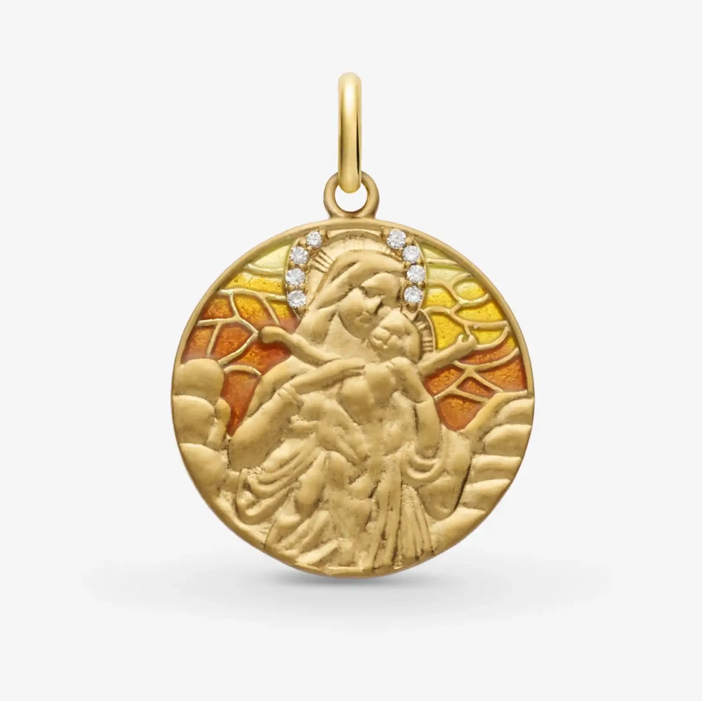 Photo de Médaille vierge céleste emaillée et diamants - or jaune 18 carats