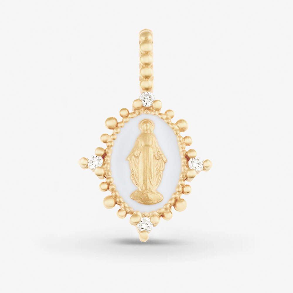 Photo de Médaille miraculeuse diamants perlée  -  or jaune 18 carats - laquée blanc