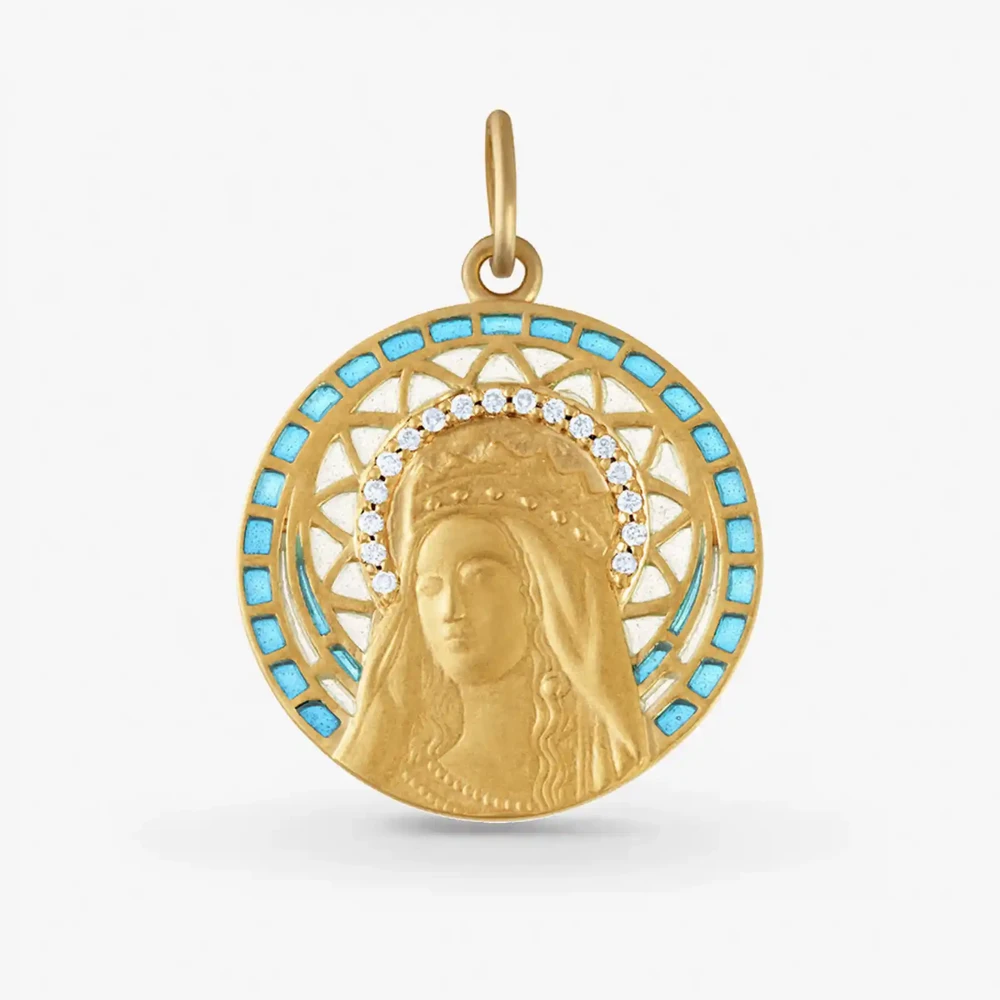 Photo de Médaille vierge de lumière emaillée diamants - or jaune 18 carats