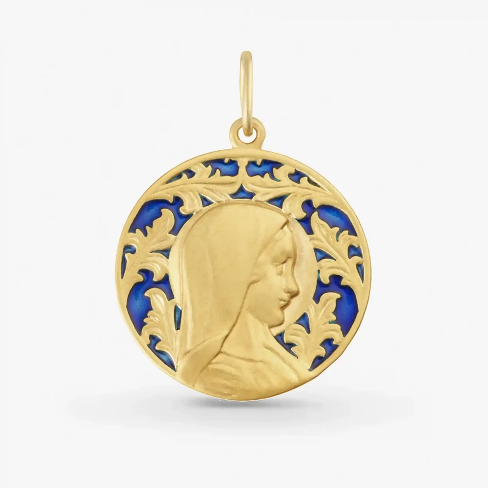 Photo de Médaille vierge aux fleurs emaillée - or jaune 18 carats