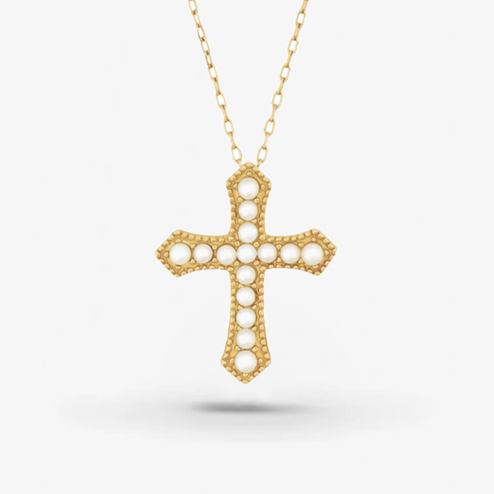 Photo de Collier Victoire croix perlée - or jaune 10 carats