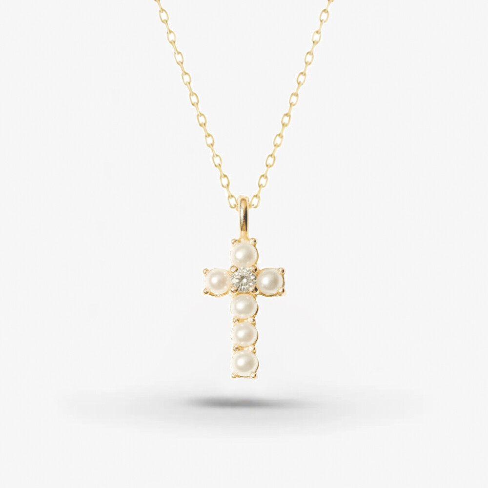 Photo de Collier Sixtine croix perles diamant - or jaune 10 carats