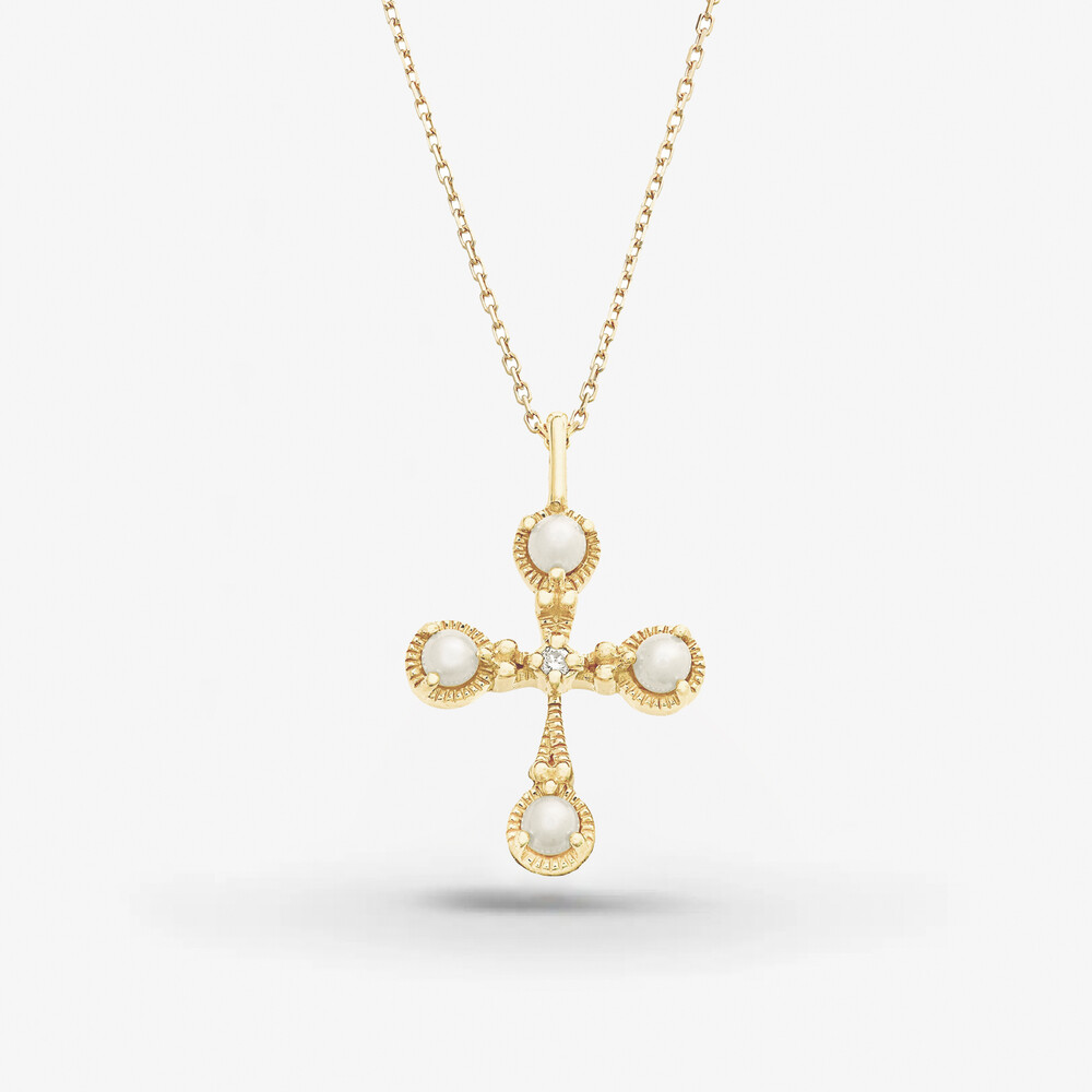 Photo de Collier Brune croix perles et diamant - or jaune 10 carats