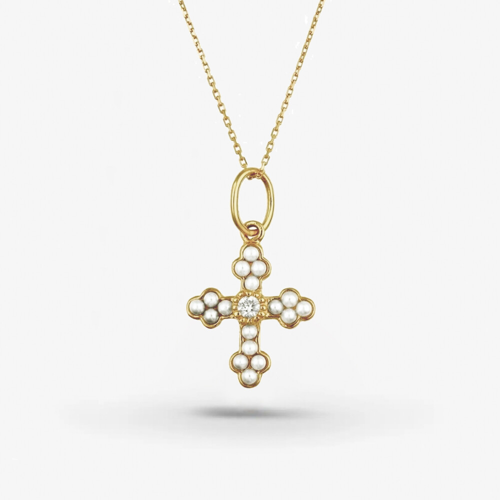 Photo de Collier Iris croix perles et diamants - or jaune 10 carats