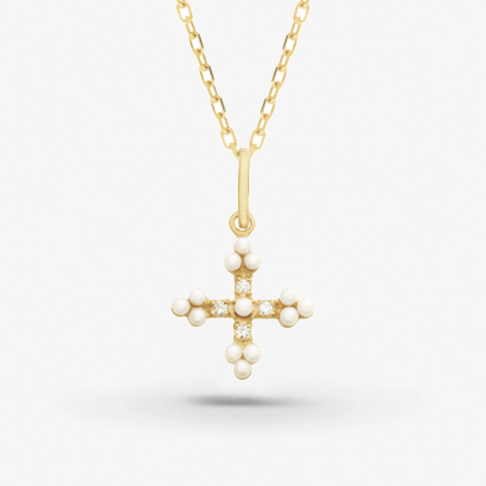Photo de Collier Louise croix et perles - or jaune 10 carats