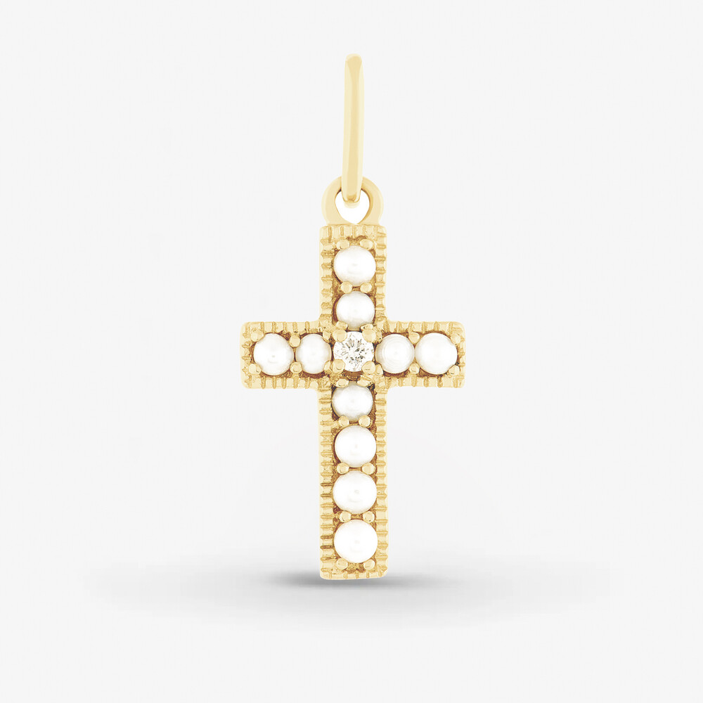 Photo de Croix Rose perles et diamant - or jaune 10 carats