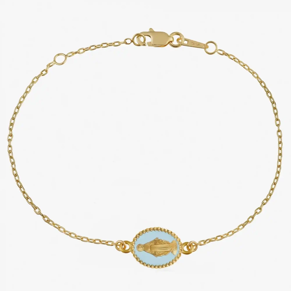 Photo de Bracelet maille médaille miraculeuse bleu ciel - or jaune 18 carats