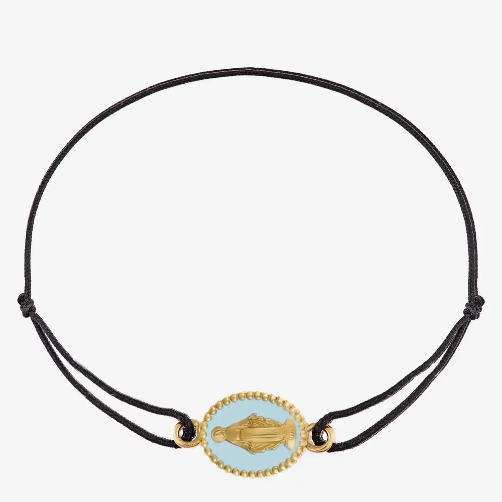 Photo de Bracelet cordon médaille miraculeuse bleu ciel - or jaune 18 carats