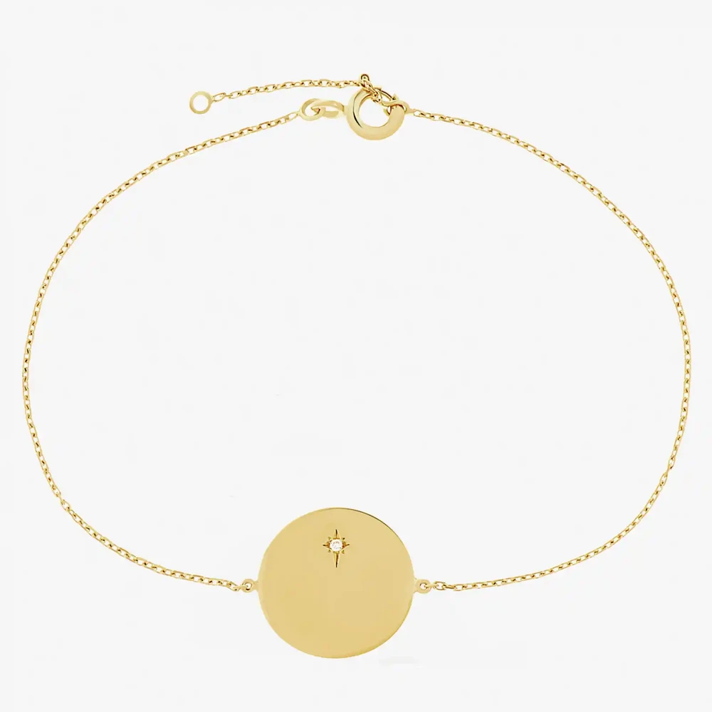 Photo de Gourmette Plaque ronde avec diamant - or jaune 18 carats
