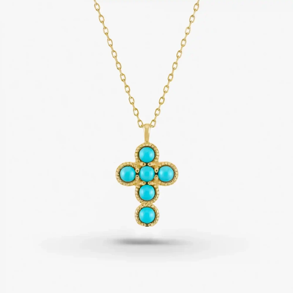 Photo de Collier Jeanne Croix et turquoises - or jaune 10 carats