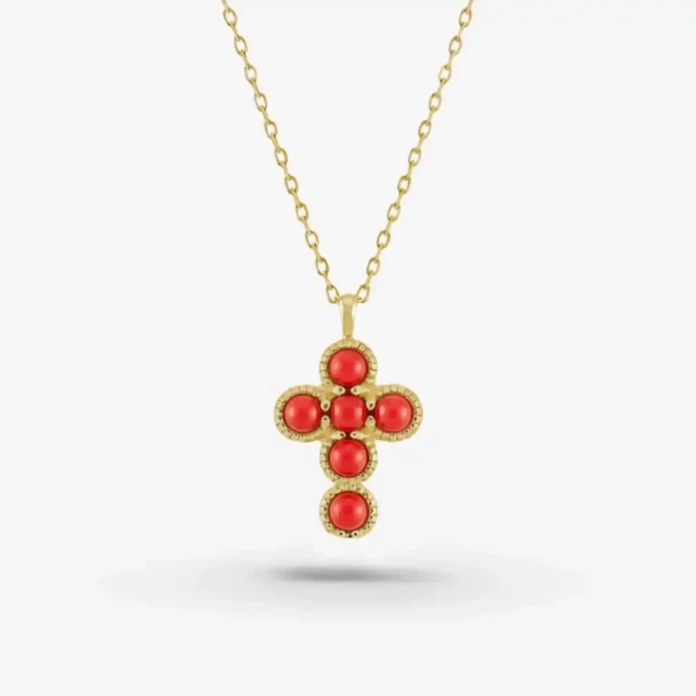 Photo de Collier Jeanne Croix corail - or jaune 10 carats