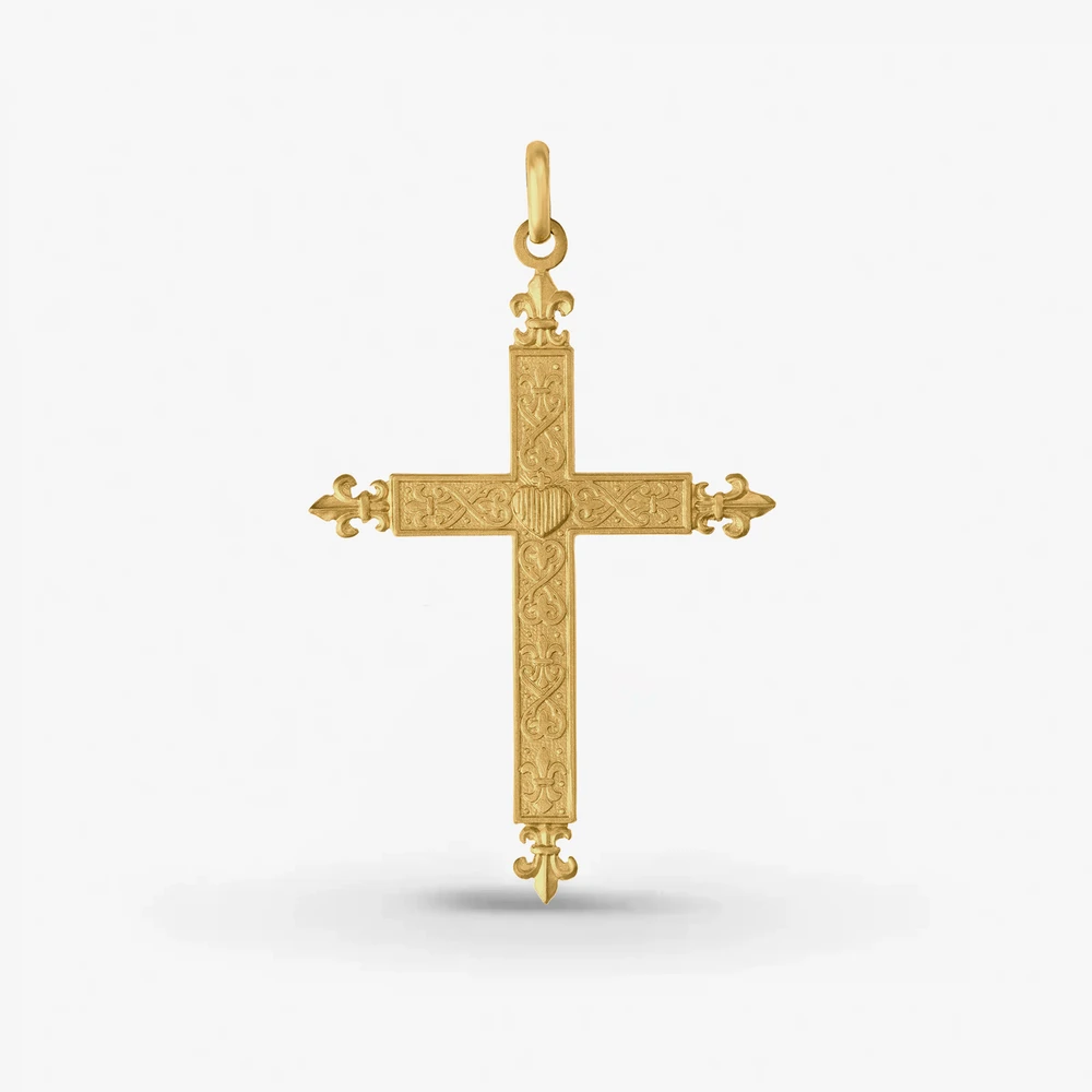 Photo de Pendentif croix fleurie  | fleurs de lys & cur gravé - vermeil